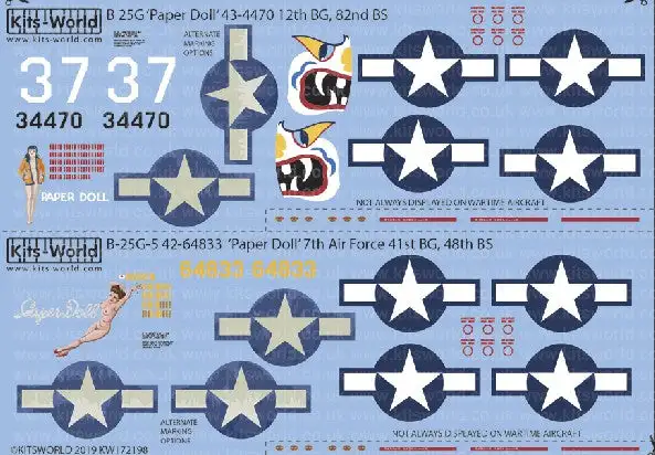 Warbird Decals Kits World 172198 1/72 B25H/G Paper Doll 12thBG 82nd BS, 7th AF 41stBG 48th BS
