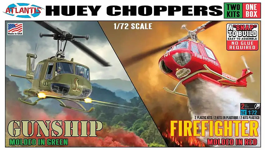Atlantis Models 1026 1/72 Huey Choppers (2): US Army Gunship & Firefighter Helicopter (Snap) (formerly Monogram)