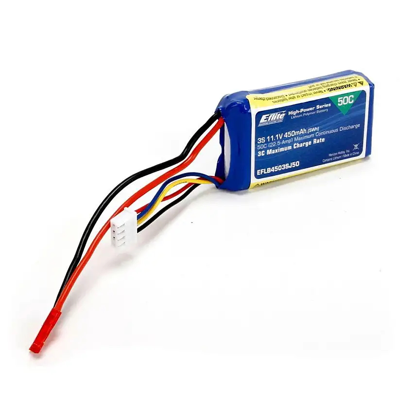 450mAh 3S 11.1V 50C LiPo Battery, 18AWG: JST
