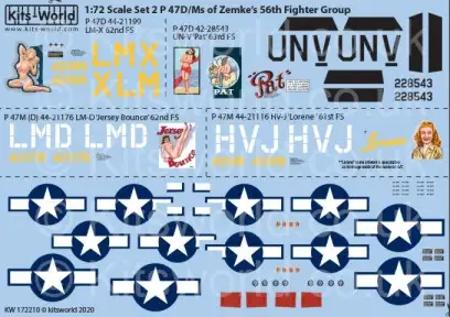 Warbird Decals Kits World 172210 1/72 P47D/M 56th FG of Zemke's LM-X 62nd FS, Pat UN-V 63rd FS, Jersey Bounce LM-D 62nd FS, Lorene HV-J 61st FS Late 1943