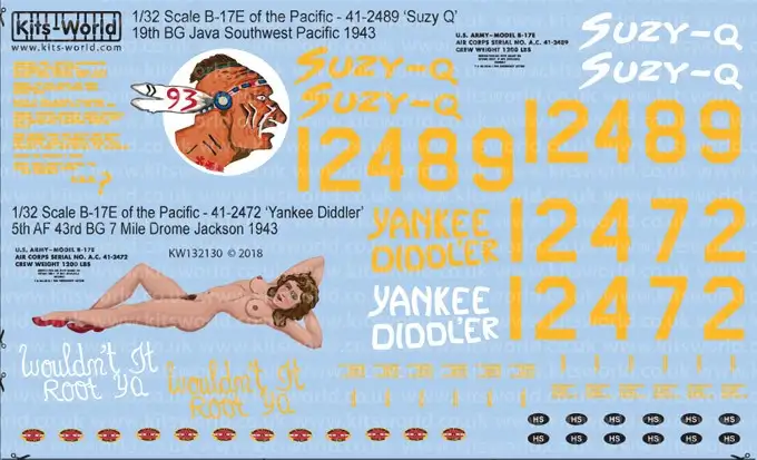 Warbird Decals 132130 1/32 B17E Early War Heavies over Pacific Suzy Q, Yankee Di