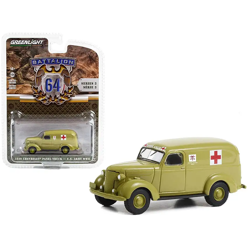 1939 Chevrolet Panel Truck Ambulance "U.S. Army World War II" Green "Battalion 64" Series 3 1/64 Diecast Model Car by Greenlight