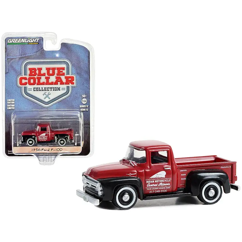 1956 Ford F-100 Pickup Truck Red and Black "Indian Motorcycle Service Parts & Sales" "Blue Collar Collection" Series 12 1/64 Diecast Model Car by Greenlight