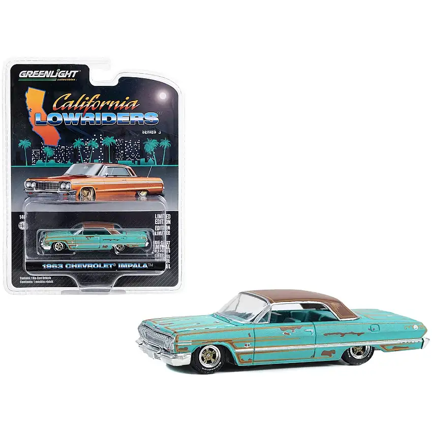 1963 Chevrolet Impala Lowrider Teal Patina (Rusted) with Brown Top and Teal Interior "California Lowriders" Series 3 1/64 Diecast Model Car by Greenlight