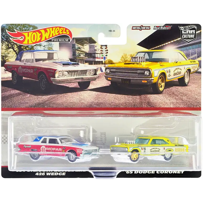 1963 Plymouth Belvedere 426 Wedge "MOPAR" White and Red with Blue Top and 1965 Dodge Coronet "Eastbound and Crowned" Yellow and White "Car Culture" Set of 2 Cars Diecast Model Cars by Hot Wheels