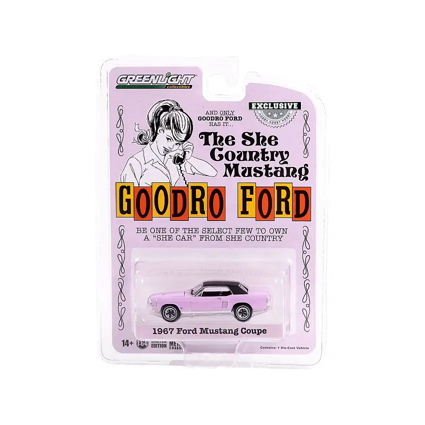 1967 Ford Mustang Evening Orchid Pink with Black Top "She Country Special" "Bill Goodro Ford Denver Colorado" "Hobby Exclusive" Series 1/64 Diecast Model Car by Greenlight