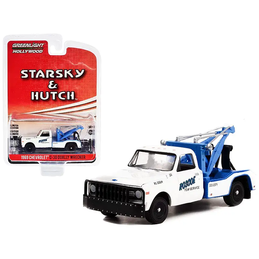1969 Chevrolet C-30 Dually Wrecker Tow Truck White "Roscoe Tow" "Starsky and Hutch" (1975-1979) TV Series Hollywood Special Edition Series 2 1/64 Diecast Model Car by Greenlight