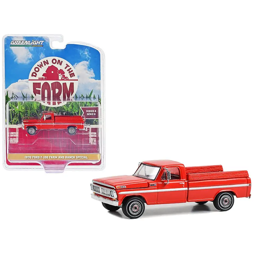 1970 Ford F-100 Pickup Truck "Farm and Ranch Special" Candy Apple Red with Side Cargo Boards "Down on the Farm" Series 8 1/64 Diecast Model by Greenlight