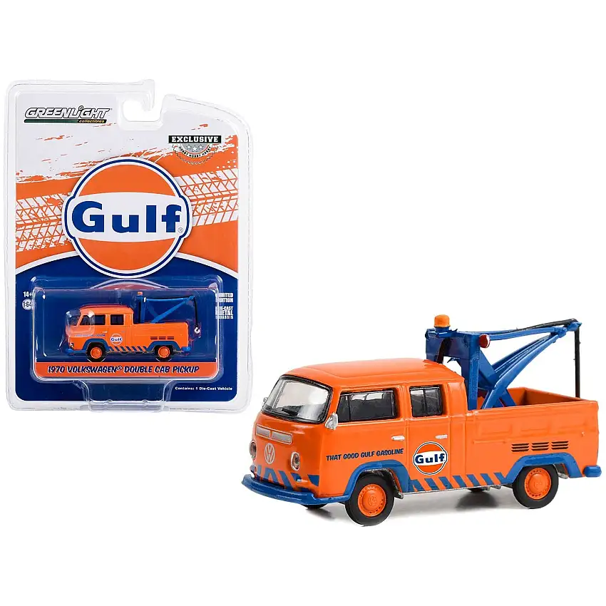 1970 Volkswagen Double Cab Pickup Tow Truck Orange "Gulf Oil - That Good Gulf Gasoline" "Hobby Exclusive" Series 1/64 Diecast Model Car by Greenlight