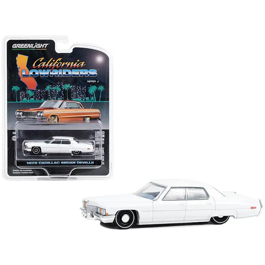 1972 Cadillac Sedan deVille Lowrider Cotillion White with Blue Interior "California Lowriders" Series 3 1/64 Diecast Model Car by Greenlight