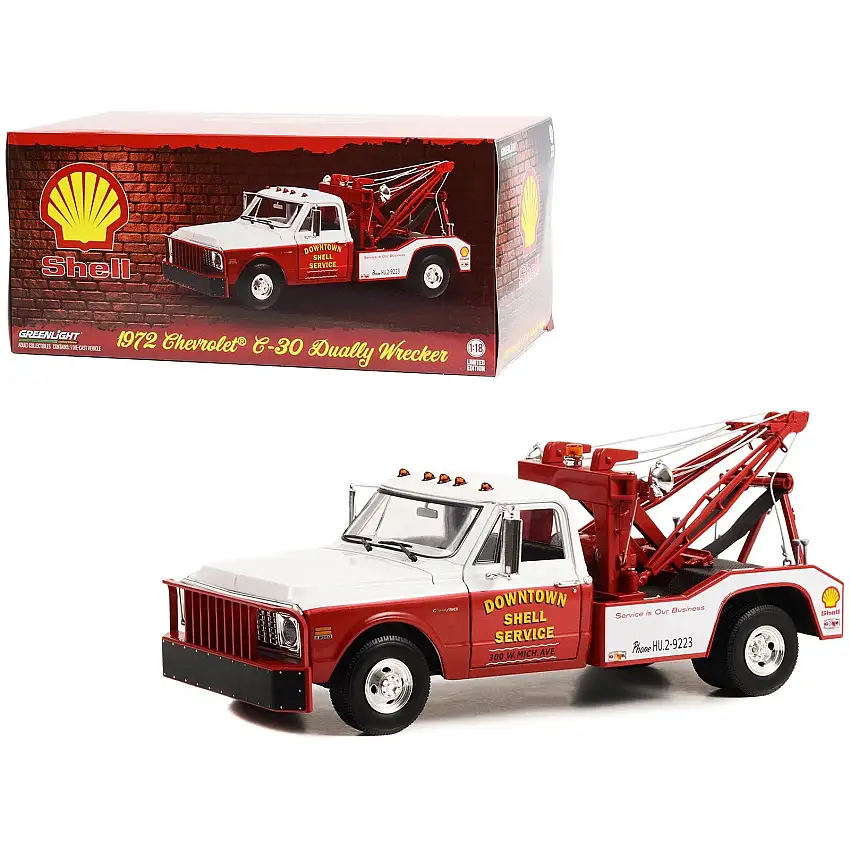 1972 Chevrolet C-30 Dually Wrecker Tow Truck "Downtown Shell Service - Service is Our Business" White and Red 1/18 Diecast Model Car by Greenlight