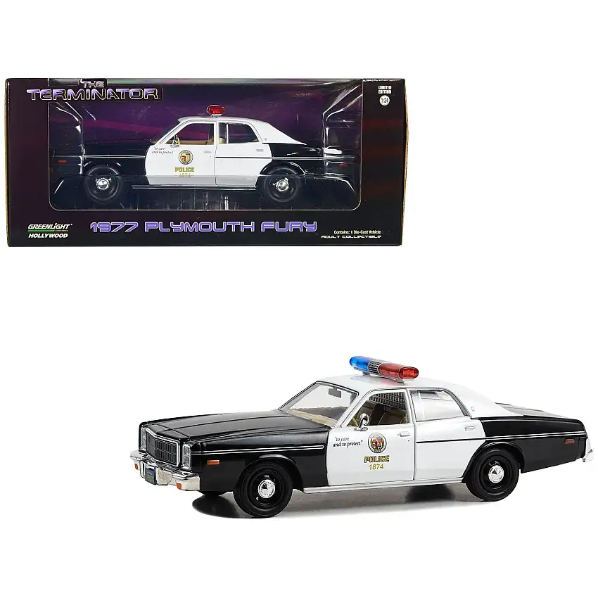 1977 Plymouth Fury Black and White "Metropolitan Police" "The Terminator" (1984) Movie "Hollywood" Series 1/24 Diecast Model Car by Greenlight