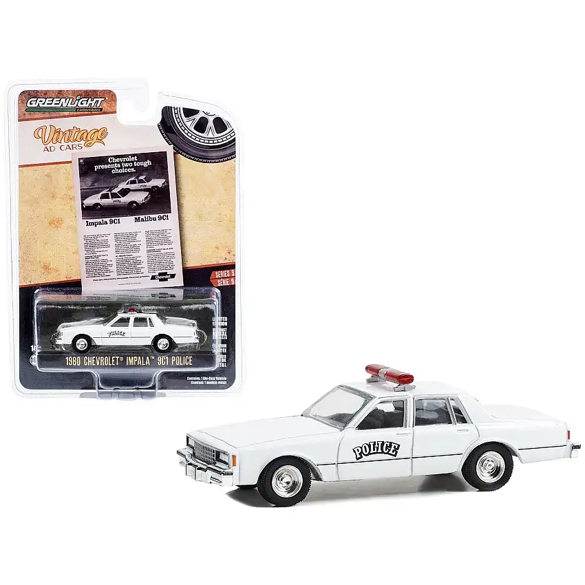 1980 Chevrolet Impala 9C1 Police White "Chevrolet Presents Two Tough Choices" "Vintage Ad Cars" Series 9 1/64 Diecast Model Car by Greenlight