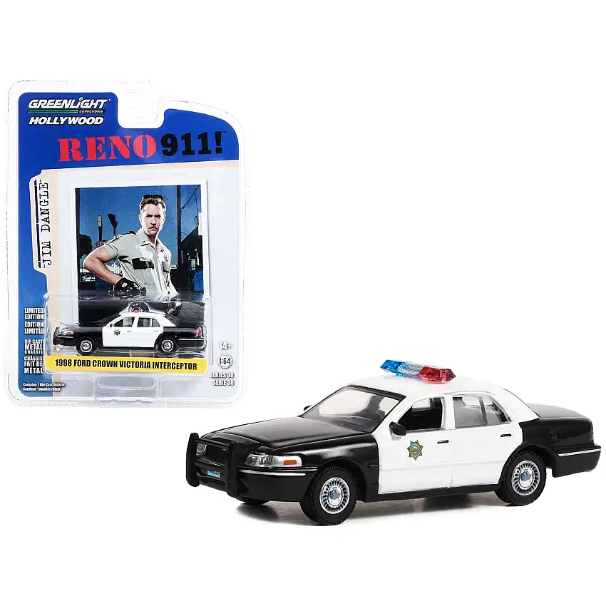 1998 Ford Crown Victoria Police Interceptor Black and White Reno Sheriff's Department "Lieutenant Jim Dangle" "Reno 911!" (2003-2009) TV Series "Hollywood Series" Release 38 1/64 Diecast Model Car by Greenlight