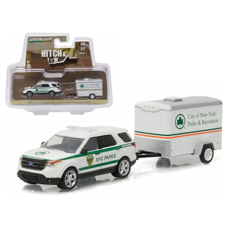 2015 Ford Explorer New York City Department of Parks and Recreation & Small Cargo Trailer Hitch & Tow Series 7 1/64 Diecast Car Model by Greenlight