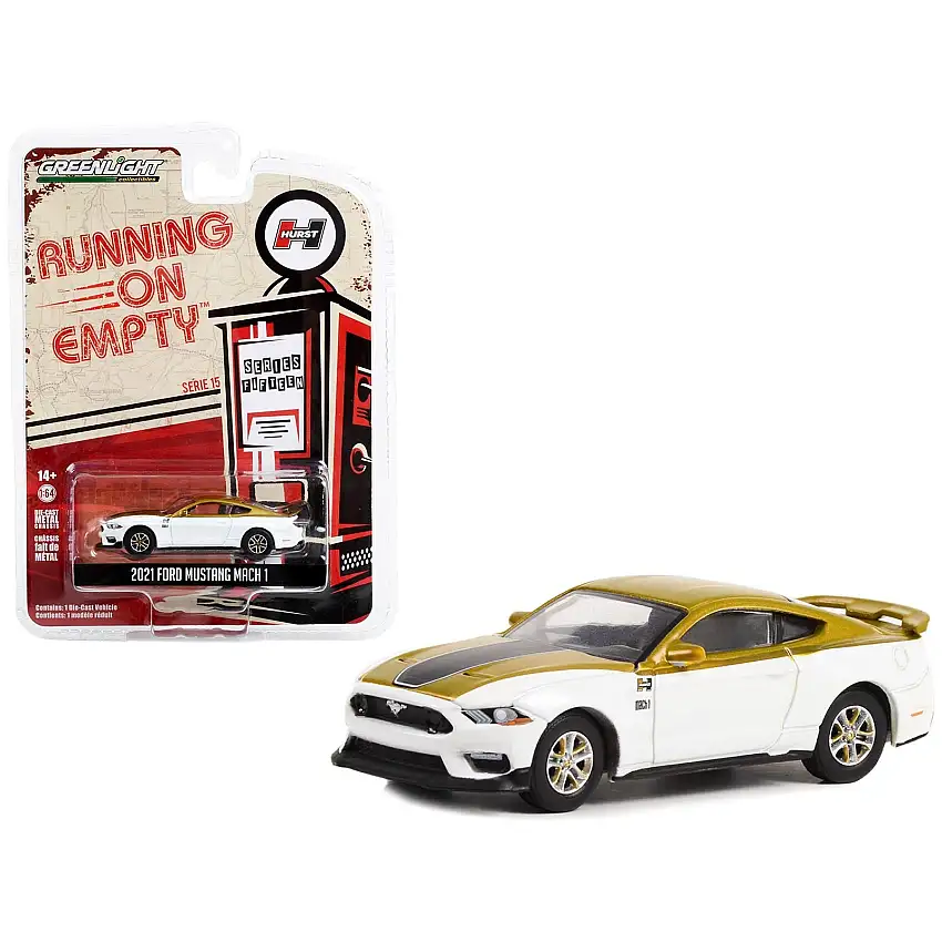 2021 Ford Mustang Mach 1 White and Gold with Black Stripe "Hurst Performance" "Running on Empty" Series 15 1/64 Diecast Model Car by Greenlight