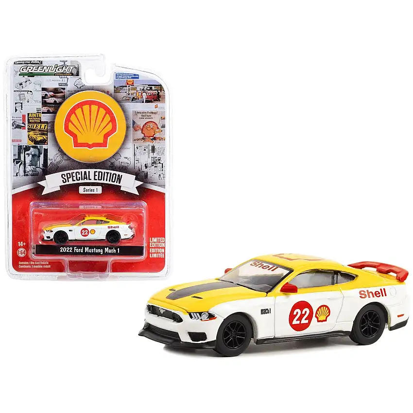 2022 Ford Mustang Mach 1 #22 Yellow and White "Shell Racing" "Shell Oil Special Edition" Series 1 1/64 Diecast Model Car by Greenlight