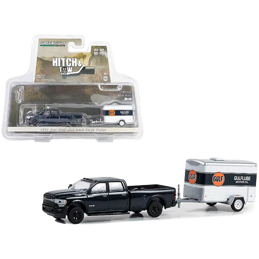 2023 Ram 2500 Pickup Truck Dark Blue Metallic and Small Cargo Trailer "GulfLube Motor Oil" "Hitch & Tow" Series 29 1/64 Diecast Model Car by Greenlight