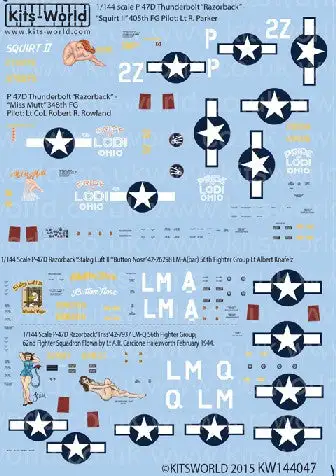 Warbird Decals Kits World 144047 1/144 P47D Squirt II, Miss Mutt Pride of Lodi Ohio, Button Nose, Triss