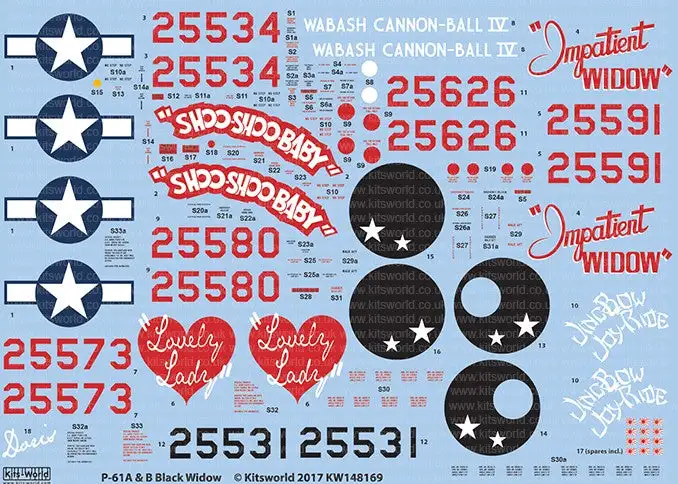 Warbird Decals Kits World 148169 1/48 P61A/B Black Widow; Shoo Shoo Baby, Impatient WIDOW, Lovely Lady, Wabash Cannon-Ball IV, JingBow Joy-Ride, Gen. Earl W. Barnes 13th Air Tack Force