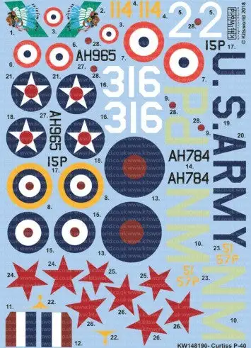 Warbird Decals Kits World 148190 1/48 P40B/C/F 77th Pursuit Sq. 20th Pursuit Group USAAC, 47th Pursuit Sq. 15th Pursuit Group USAAC, Sgt. Jean Giscoin GC II/5 Lafayette, 268th Sq. RAF, Lt. S.G. Ridniy 126 IAP PVO