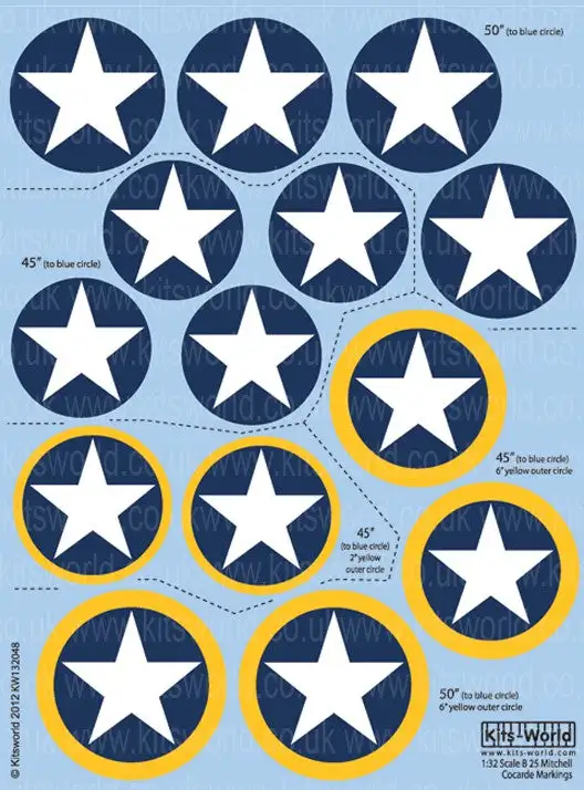Warbird Decals Kits World 132048 1/32 B25 Cocarde 45” & 50” Stars in Blue Circle & Stars in Blue/Yellow Circle