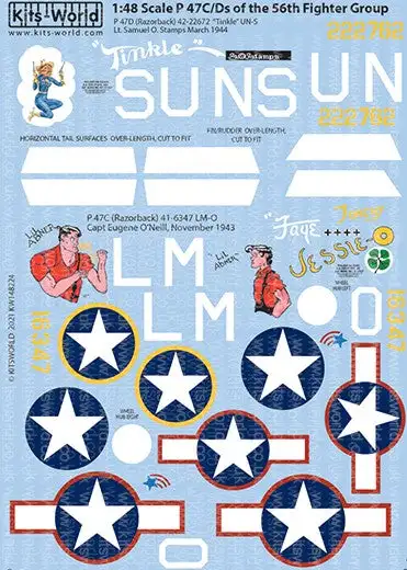 Warbird Decals Kits World 148224 1/48 P47C/Ds 56th FG Tinkle, Lil Abner, Jessie-O, Torchy, Faye