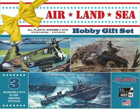 Atlantis Models 9001 Air, Land & Sea US Hobby Gift Set: 1/48 Sherman Tank, 1/48 H25 Mule Helicopter, 1/102 PT207 Mosquito Boat