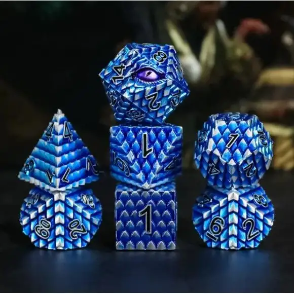 Galactic Dice Premium Dice Sets - Silver & Blue Dragon Set of 7 Metal Dice with Tin