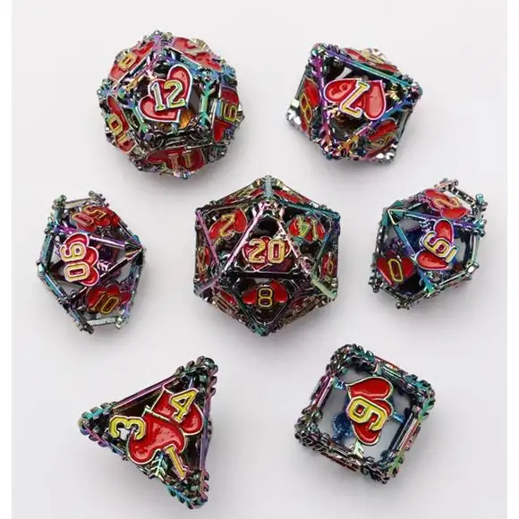 Galactic Dice Premium Dice Sets - Hollow Rainbow Metal & Red Hearts Set of 7 Dice with Tin