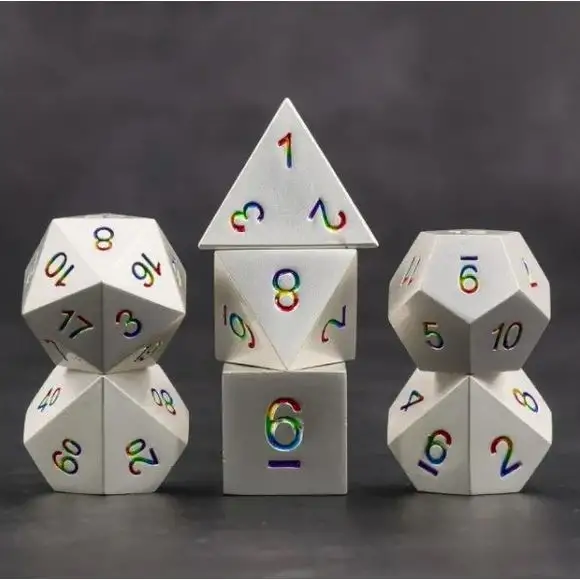 Galactic Dice Premium Dice Sets - Silver & Rainbow Font Set of 7 Metal Dice with Tin