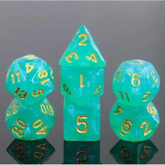 Galactic Dice Acrylic HD Dice Sets - Teal Water (Jade & Gold) Set of 7 Dice