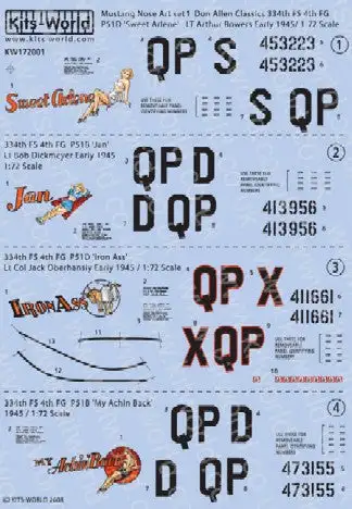 Warbird Decals Kits World 172001 1/72 P51D Iron Ass, Sweet Arlene, My Achin Back, Jan