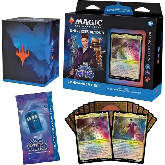 Magic: The Gathering Doctor Who Commander Deck - Masters of Evil (100-Card Deck, 2-Card Collector Booster Sample Pack + Accessories)