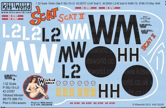 Warbird Decals Kits World 132035 1/32 P38J Scat, Scat II, Wicked Woman