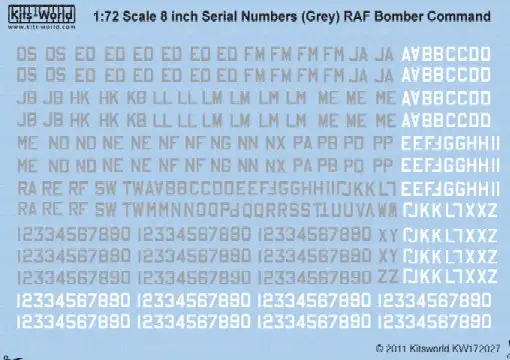 Warbird Decals Kits World 172027 1/72 8" Serial Numbers RAF Bomber Command Grey & White