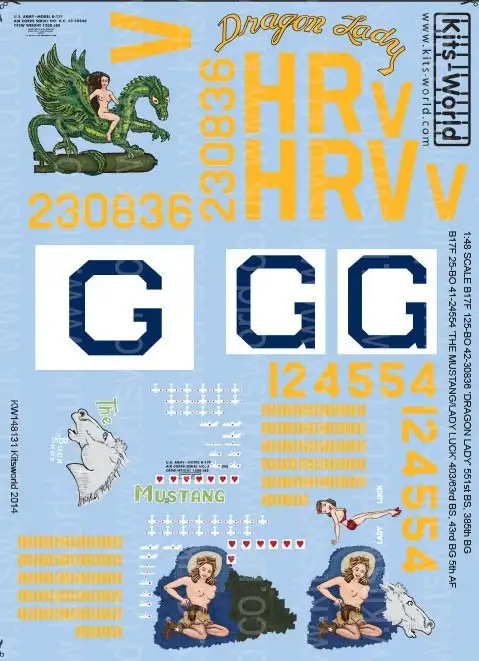 Warbird Decals Kits World 148131 1/48 B17F Dragon Lady, The Mustang, Lady Luck
