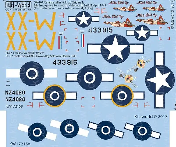 Warbird Decals Kits World 172158 1/72 OA10A Catalina Miss Pick Up 5th Emergency Rescue Sq. Halesworth Suffolk April 1945, PBY5 Wanderin Witch Flt Lt Scholes 6th Sq. RNZF Halavo Bay Soloman Islands 1945