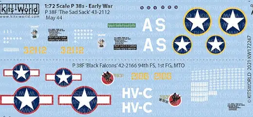Warbird Decals 172247 1/72 P38's/F Early War The Sad Sack 95th FS Italy, Black F