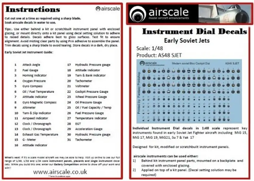 Early Soviet Jets Instrument Dials (Decal) 1/48 Airscale Model Aircraft Enhancements