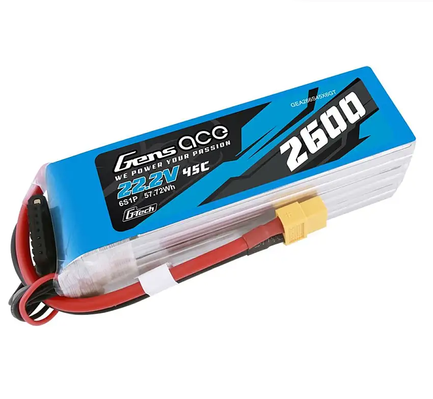 Gens Ace 2600mAh 22.2V 6S 45C G-Tech Lipo Battery Pack With XT60 Plug