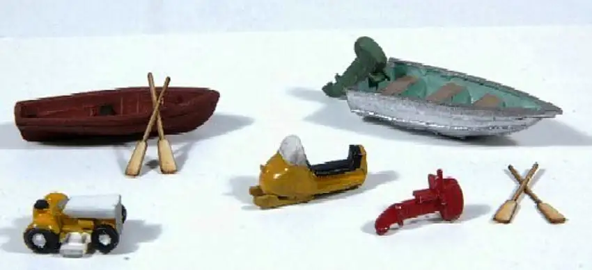 Snowmobile, Riding Mower & Row Boat w/Oars & Outboard Boat Metal JL Innovative N