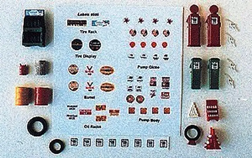 Post 1940's Gas Station Detail Set (16) w/54 Signs JL Innovative HO