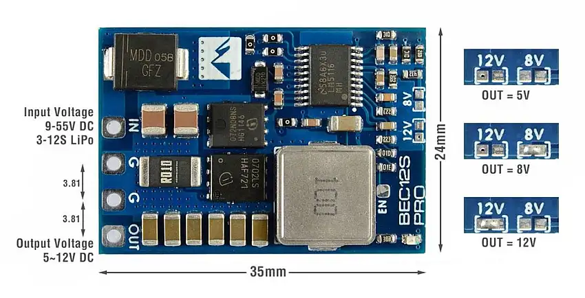 Matek BEC12S-Pro, 9-55V to 5V/8V/12V-5A