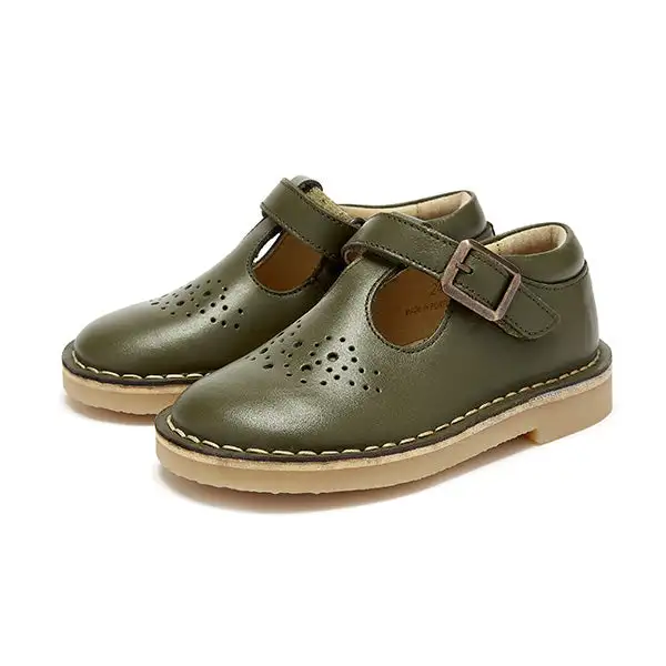 Penny Velcro T-Bar Kids Shoe Olive Leather