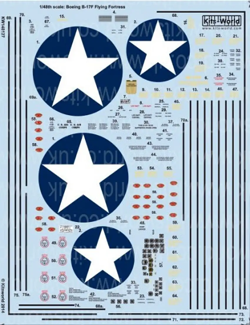 B17F Stars, General Stenciling, Cockpit Instrumentation & Walkways 1/48 Warbird Decals