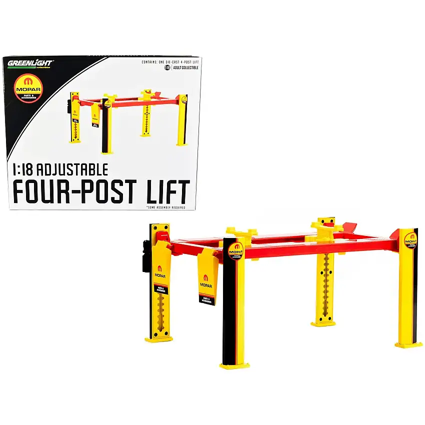 Adjustable Four Post Lift "MOPAR" Black and Yellow for 1/18 Scale Diecast Model Cars by Greenlight
