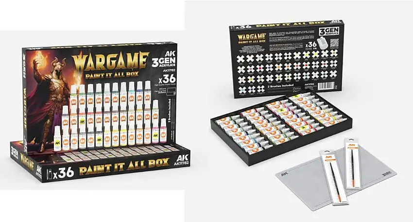 Wargame: Paint It All Box 3G Acrylic Set (36 Colors) 18ml Bottles w/Brushes & Mat AK Interactive