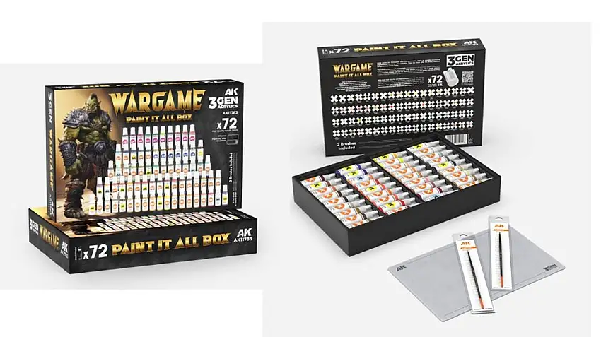 Wargame: Paint It All Box 3G Acrylic Set (72 Colors) 18ml Bottles w/Brushes & Mat AK Interactive