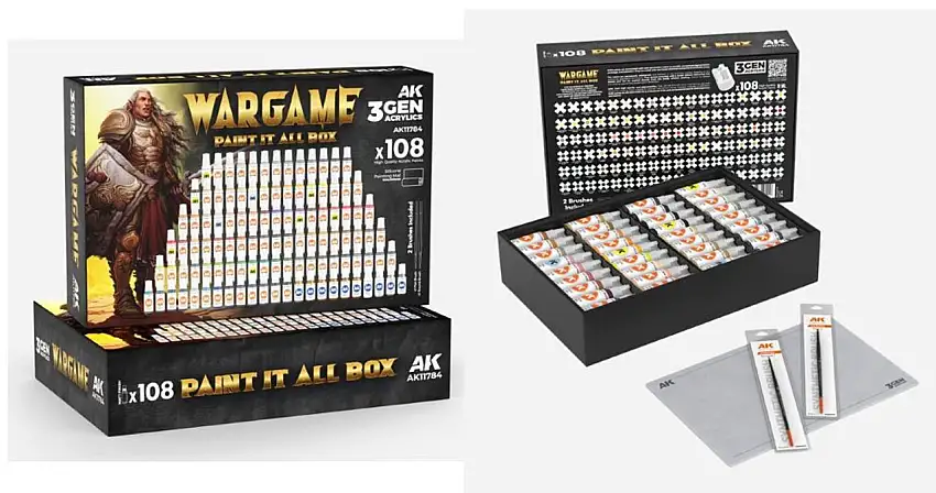 Wargame: Paint It All Box 3G Acrylic Set (108 Colors) 18ml Bottles w/Brushes & Mat AK Interactive
